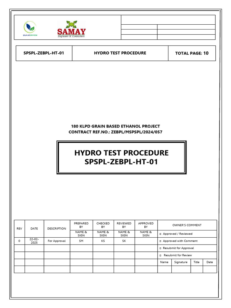 Hydro Test Procedure for Ethanol Project | PDF | Pipe (Fluid Conveyance ...