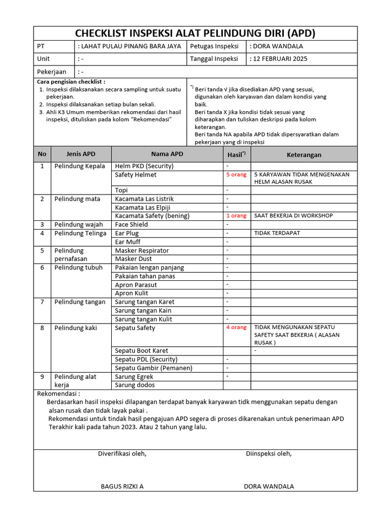 Checklist-Inspeksi-APD PT.LPPBJ | PDF
