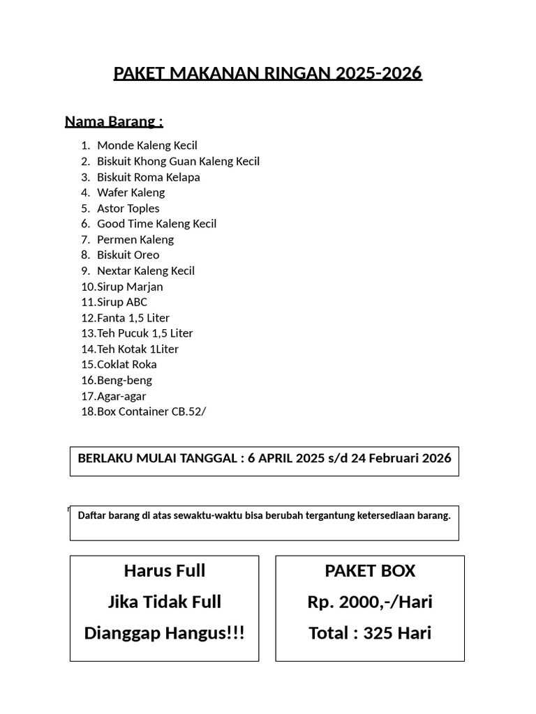Paket Makanan Ringan 2025-2026 | PDF