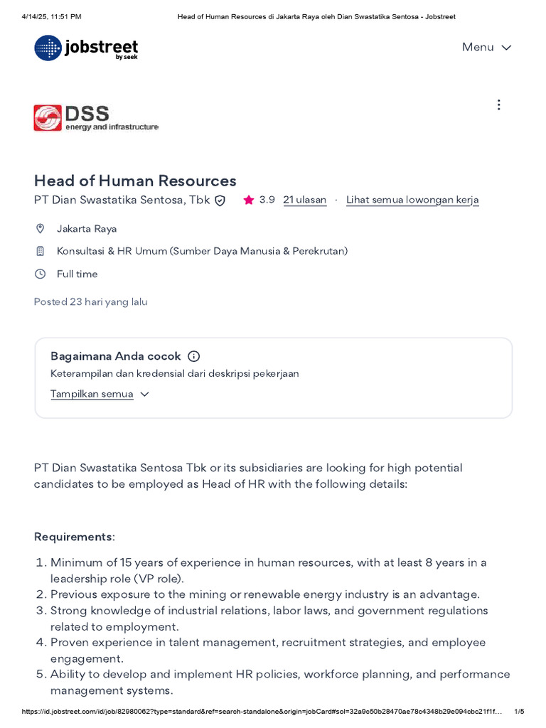 Head of Human Resources di Jakarta Raya oleh Dian Swastatika Sentosa ...