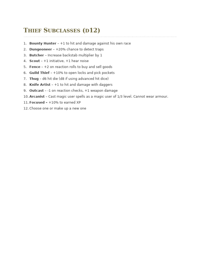 Thief Subclasses Overview for D&D 5E | PDF