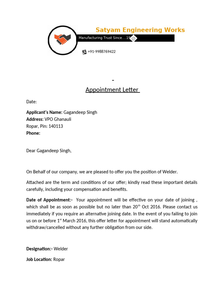 Appointment Letter for Welder Position | PDF