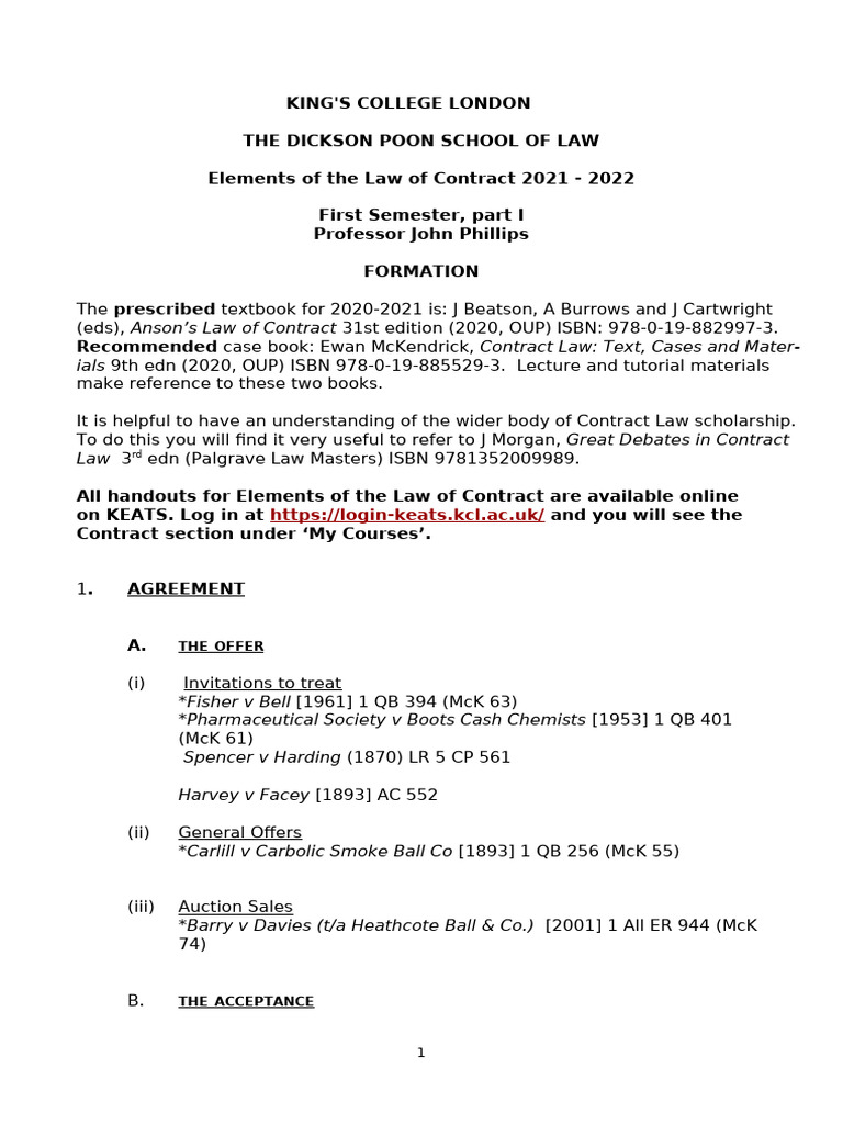 Key Cases in Contract Law Formation | PDF | English Law | Civil Law ...