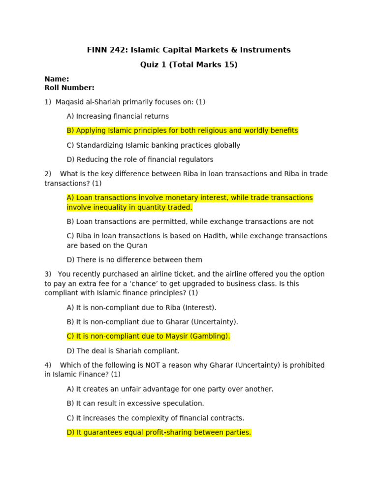 Islamic Capital Markets Quiz Overview | PDF | Islamic Banking And ...