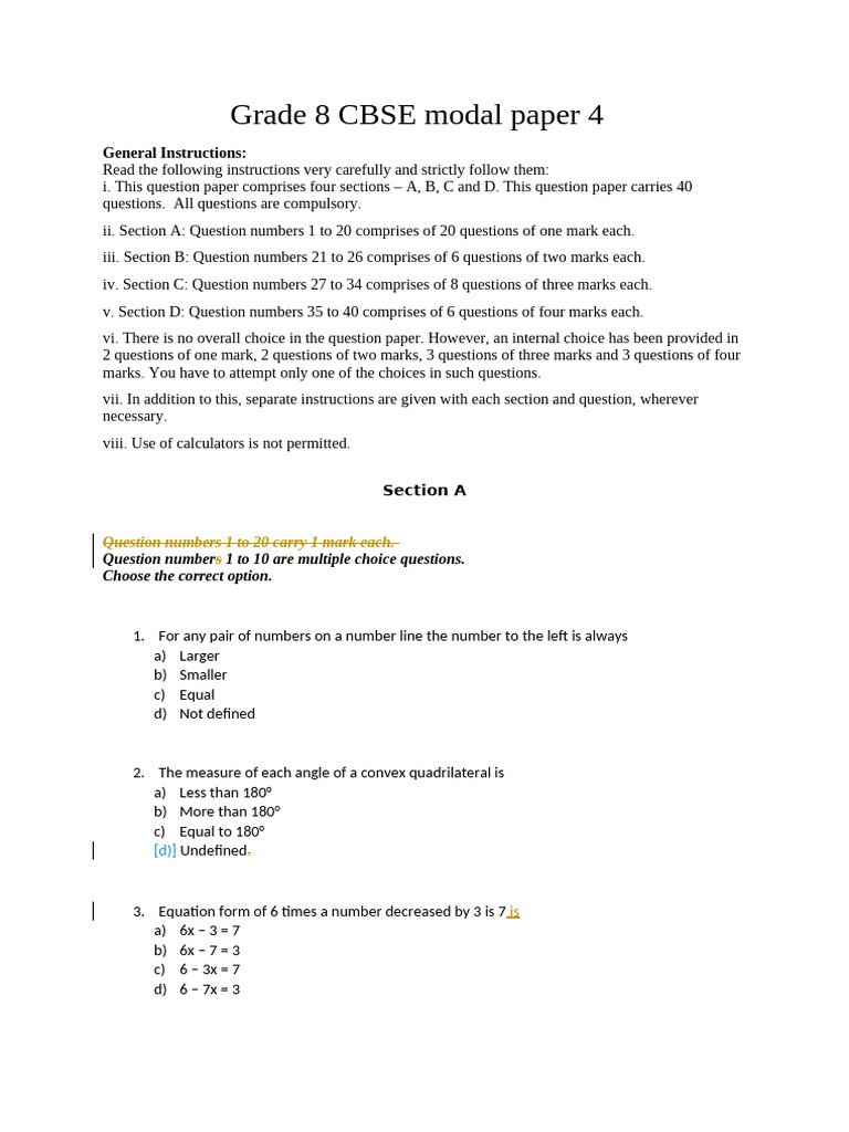GRADE 8 CBSE MODAL PAPER 4 | PDF | Rectangle | Geometry