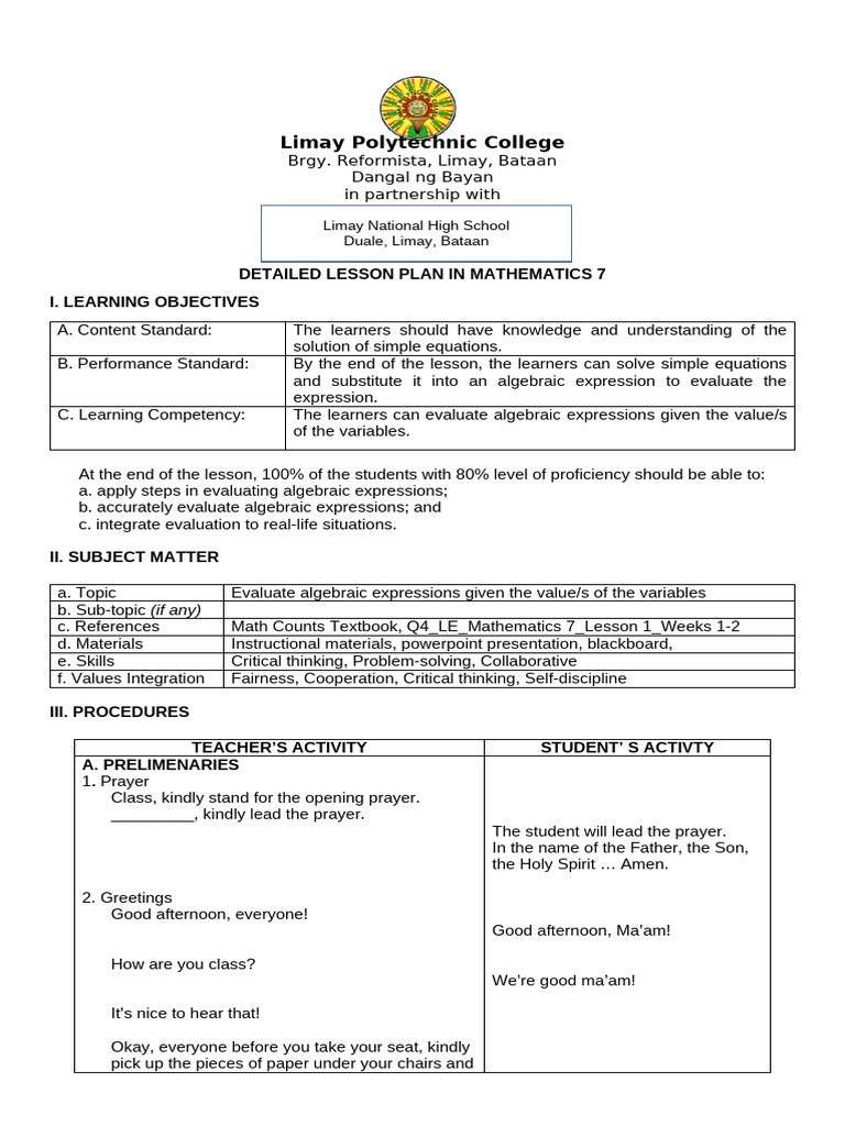 Mathematics 7 Lesson Plan: Evaluating Expressions | PDF | Learning ...