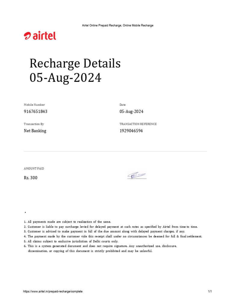 Airtel Prepaid Recharge Receipt Pdf