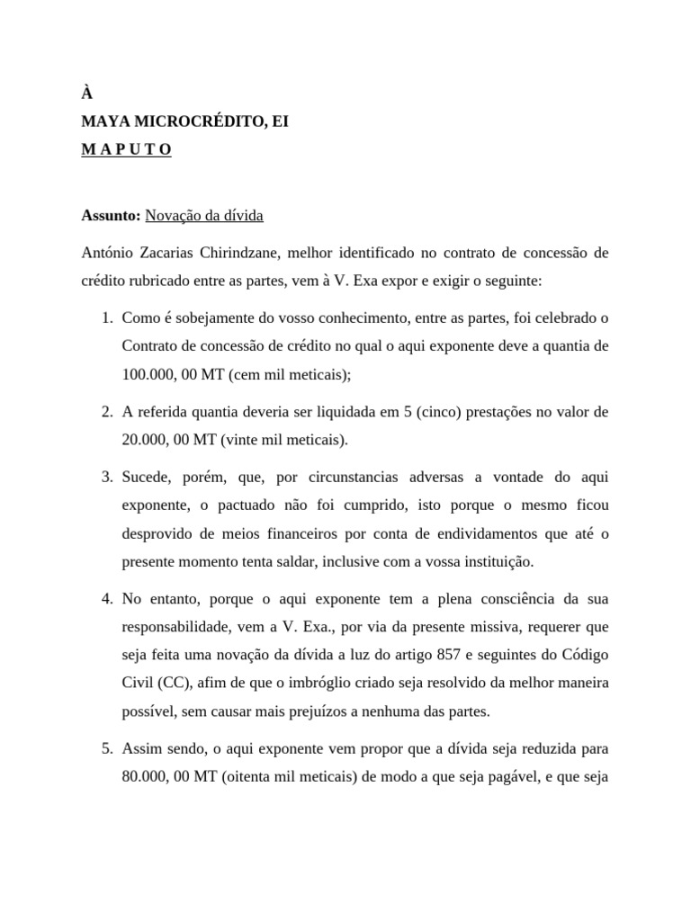 Proposta de Novação de Dívida em Maputo | PDF