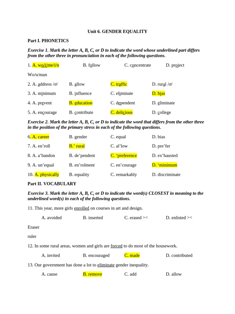 Gender Equality: Phonetics and Vocabulary Exercises | PDF | Linguistics ...