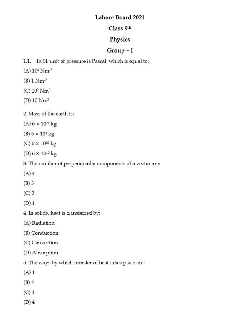 Lahore Board 2021 Class 9 Physics Exam | PDF | Force | Torque