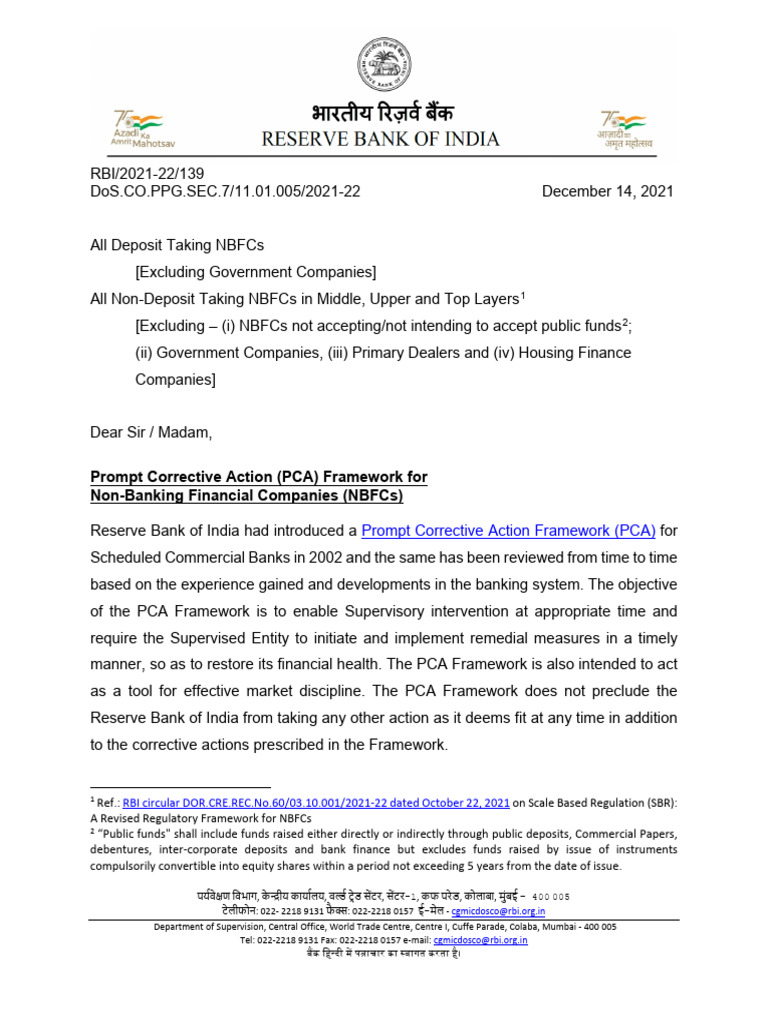 PCA Framework for NBFCs in India | PDF | Reserve Bank Of India ...