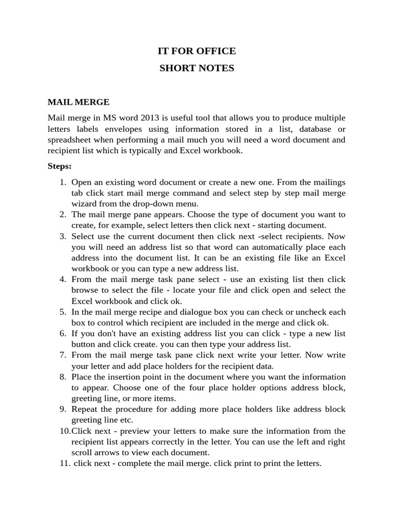 IT For Office Short Notes 2025 | PDF | Microsoft Excel | Software