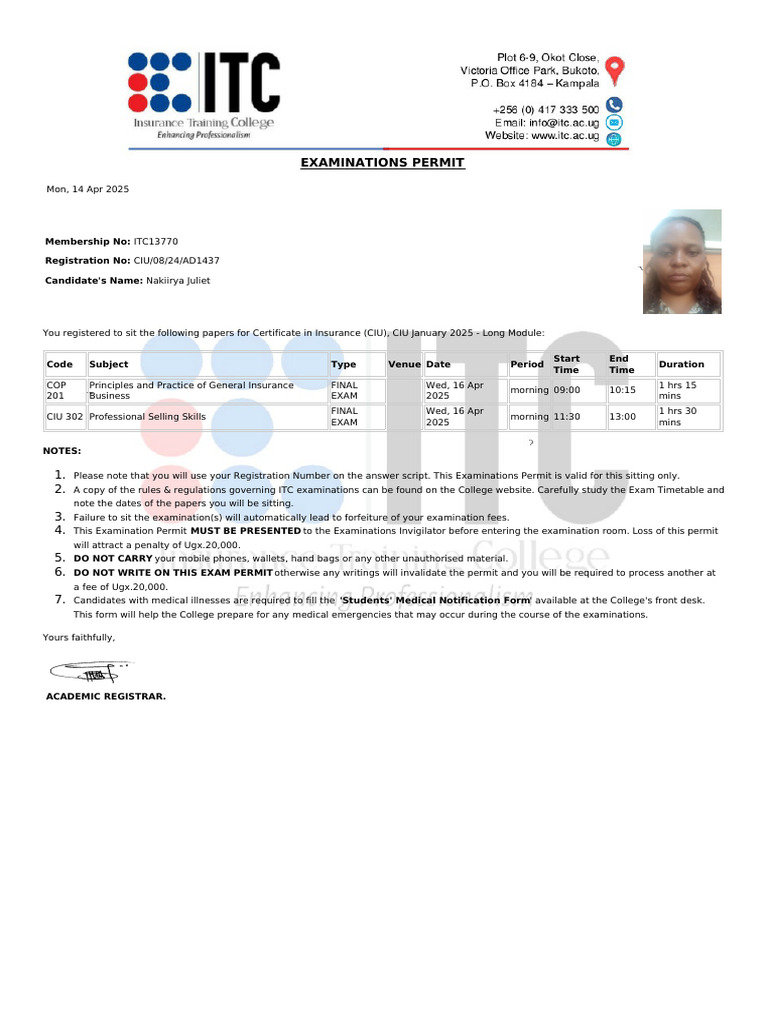 CIU 2025 Examination Permit Details | PDF