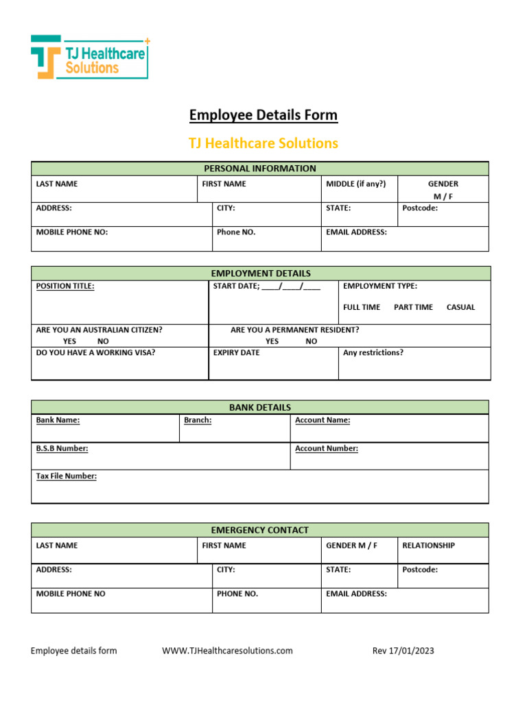 TJ Healthcare Solutions Employee Details Form | PDF