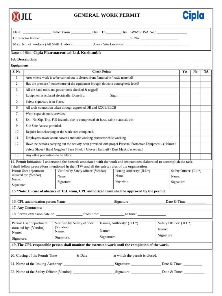 General Work Permit for Cipla Site | PDF | Personal Protective ...
