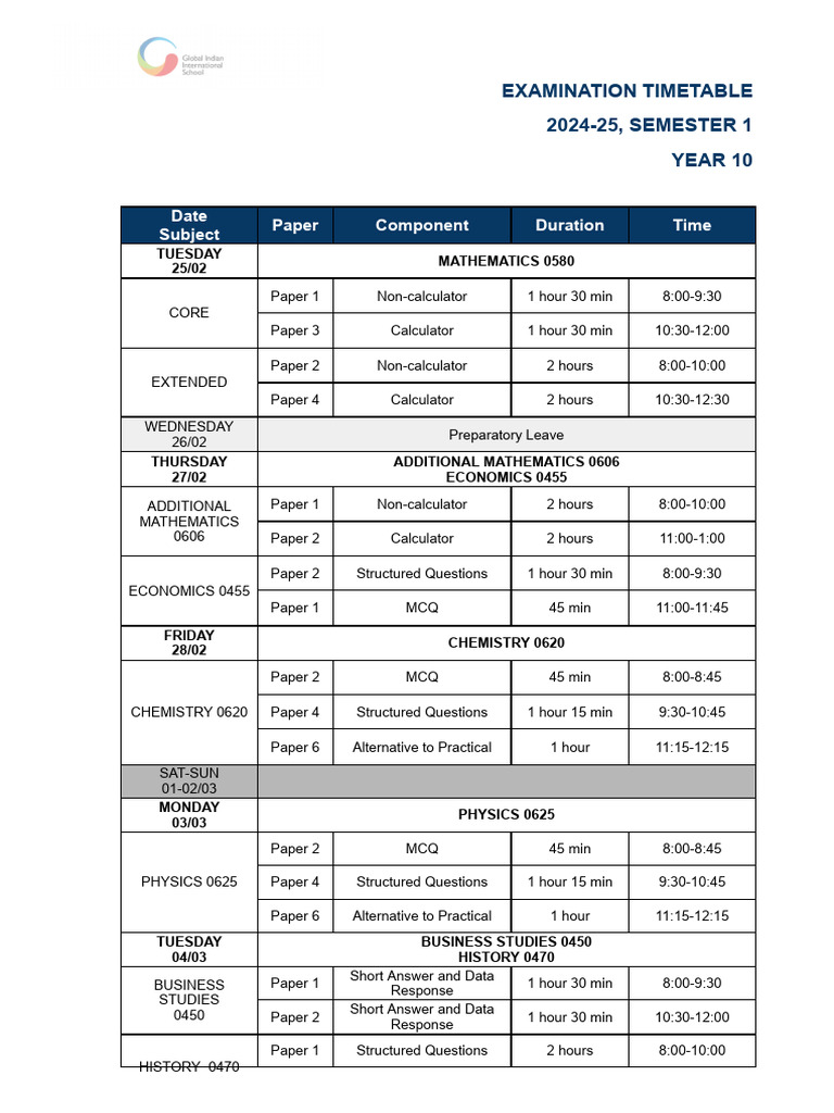 Year 10 Exam Timetable 2024-25 | PDF