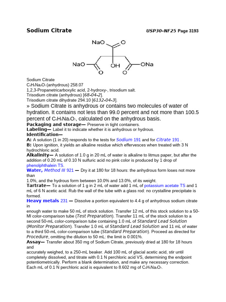 Sodium Citrate USP Monograph Summary | PDF