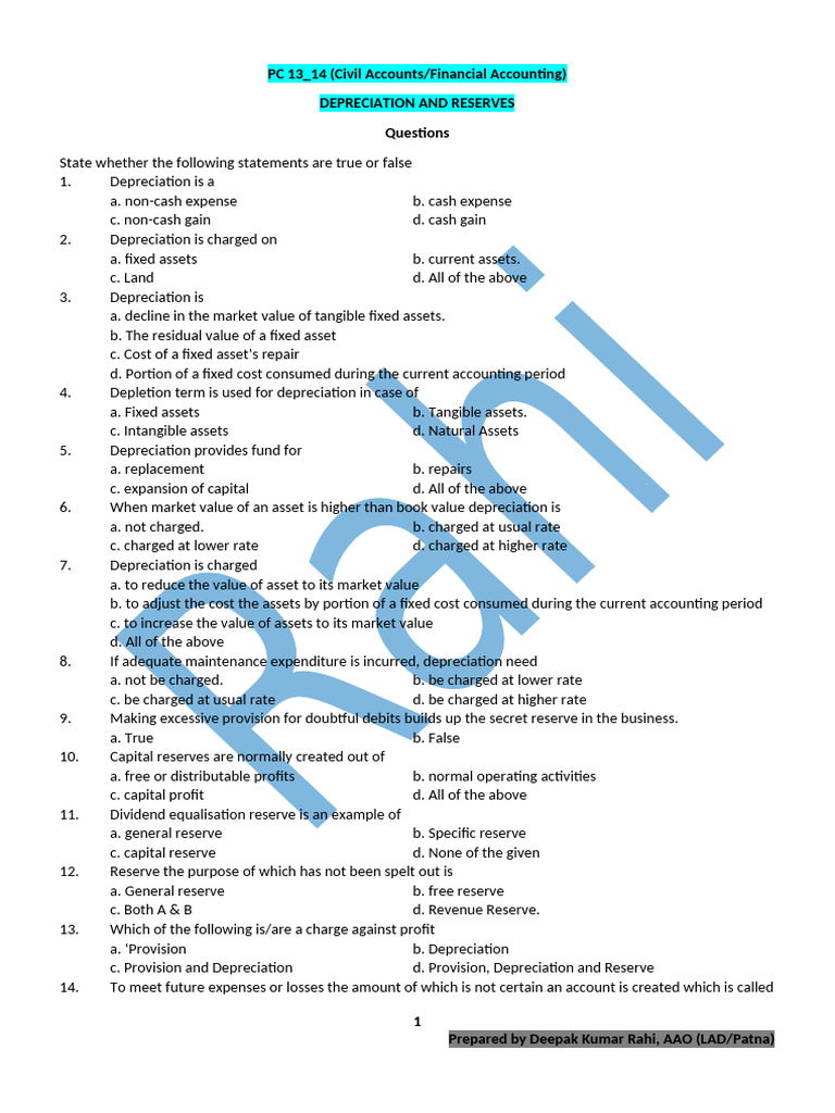 MCQs on Depreciation and Reserves | PDF | Depreciation | Debits And Credits