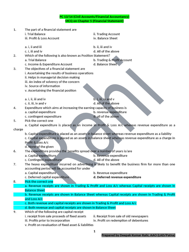 Financial Statement MCQs Overview | PDF | Debits And Credits | Expense
