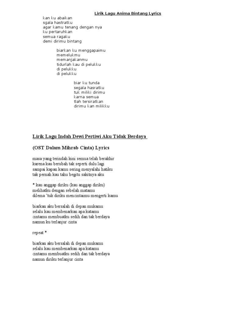 Lirik Lagu Anima Bintang Lyrics Pdf