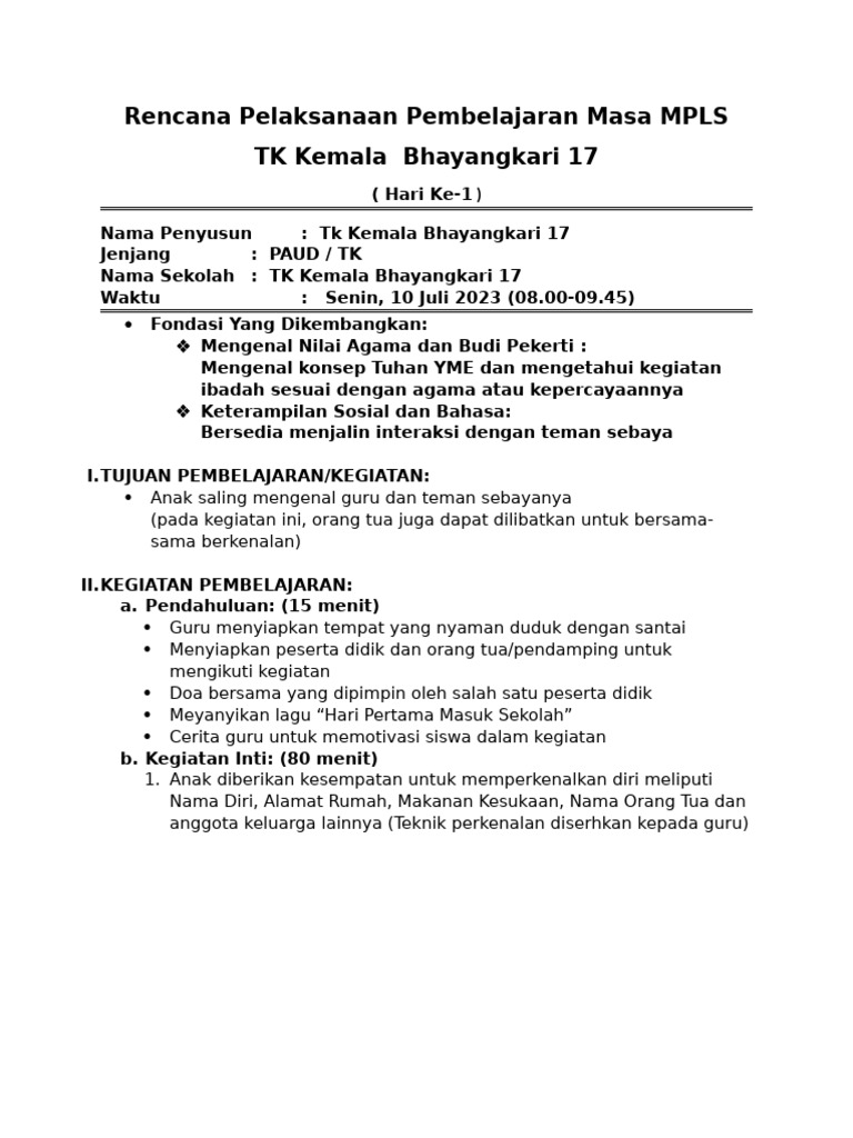 Rencana Pembelajaran MPLS TK Kemala 17 | PDF