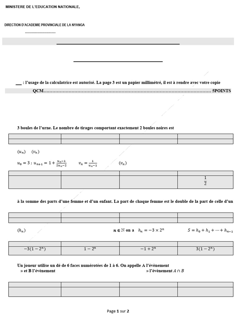 Bac A1 : Épreuve de Mathématiques 2025 | PDF | Choix multiple | Algèbre ...