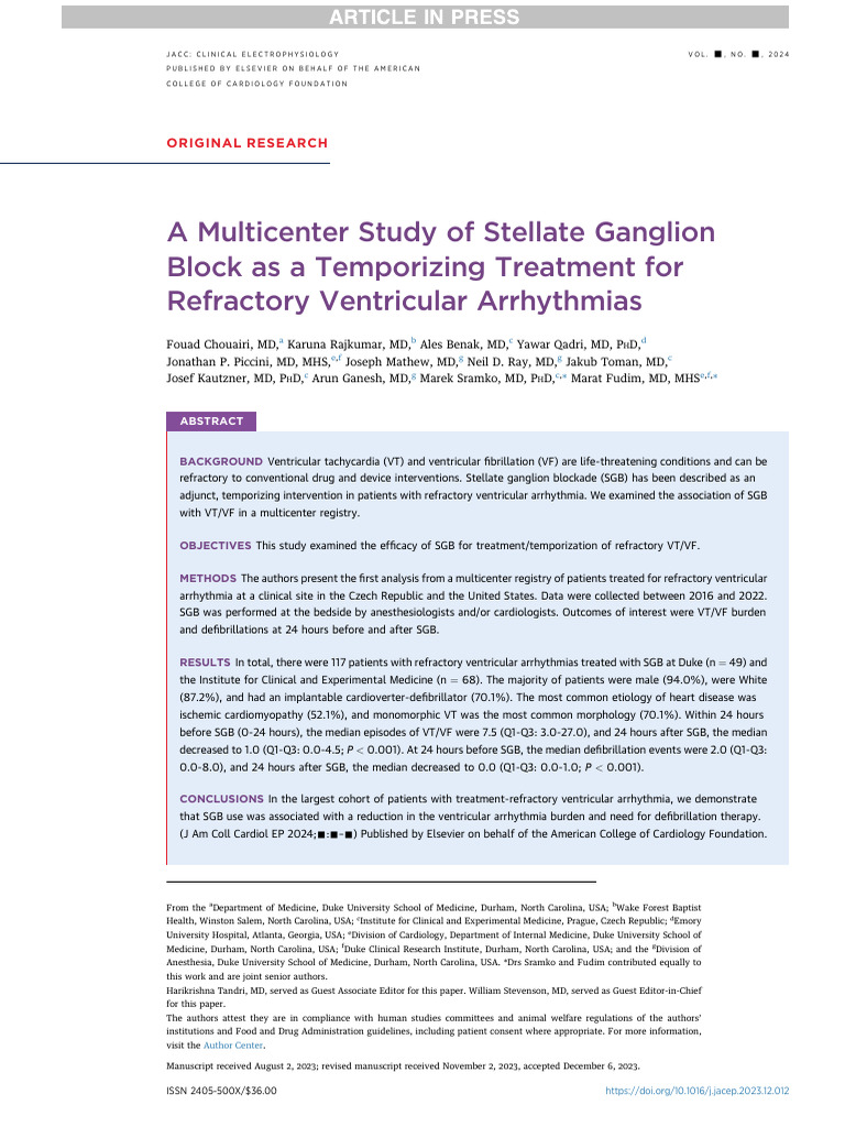 A Multicenter Study of Stellate Ganglion Block As A Temporizing ...