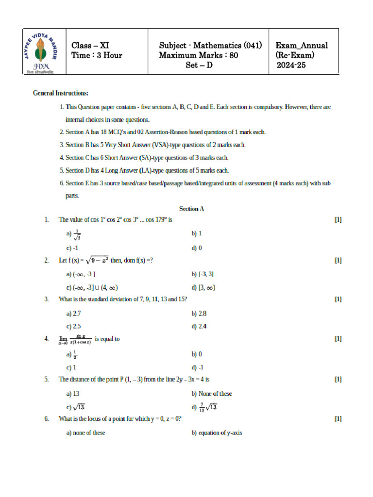 Jaypee Vidya Mandir Class XI Math Exam 2024 | PDF