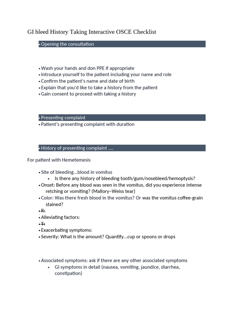 GI Bleed History Taking Checklist | PDF | Vomiting | Diseases And Disorders