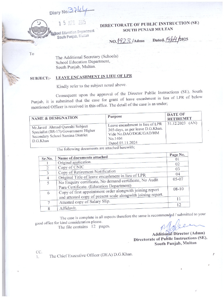 3244 Leave Encashment in Lieu of LPR MR Javed Ahmend | PDF