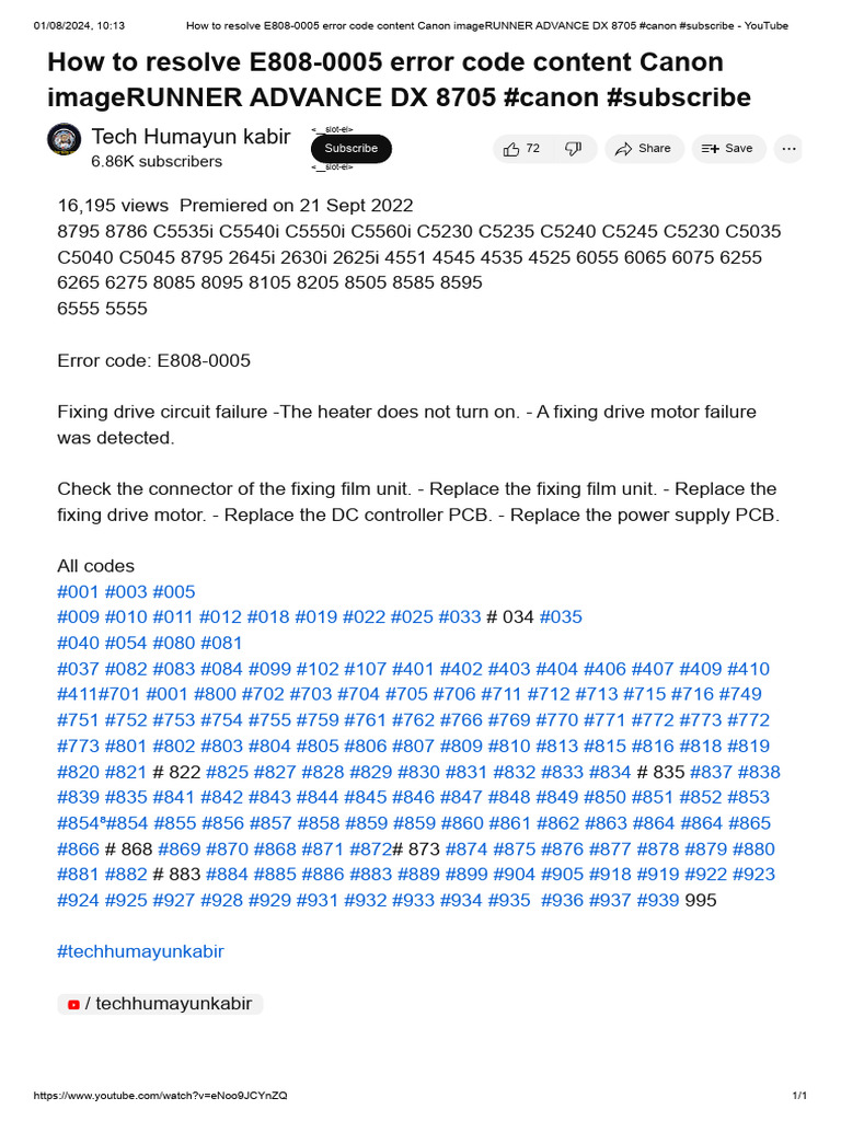 Fixing Canon E808-0005 Error Code | PDF