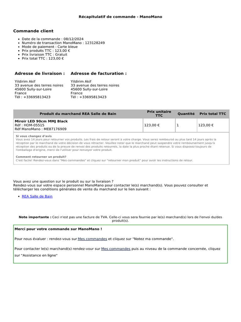 Récapitulatif de commande ManoMano | PDF | Taxe sur la valeur ajoutée