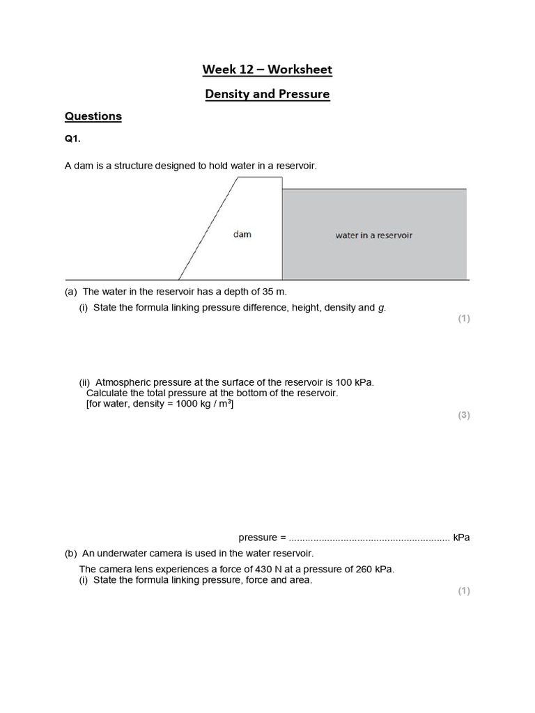 Density and Pressure Worksheet Questions | PDF | Pressure | Density