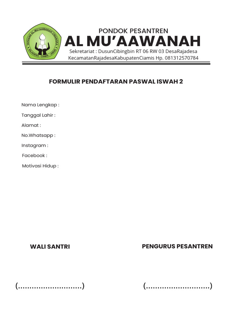 Formulir Pendaftaran Paswal Iswah 2 | PDF