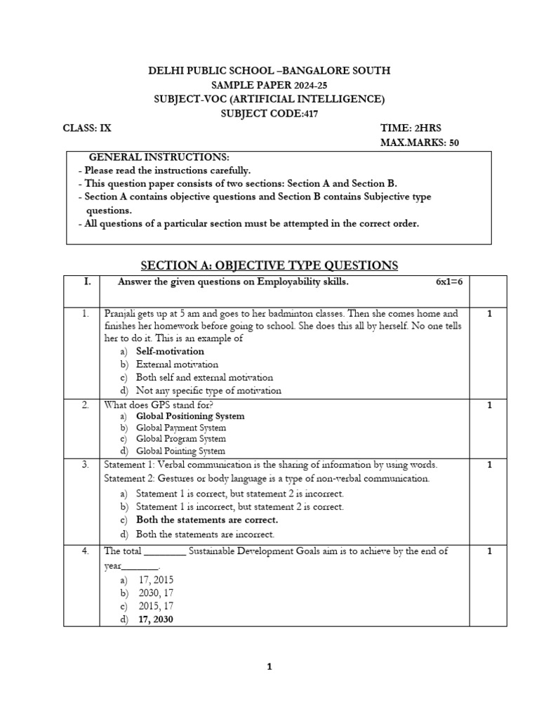AI Sample Paper for Class IX - 2024-25 | PDF | Artificial Intelligence ...