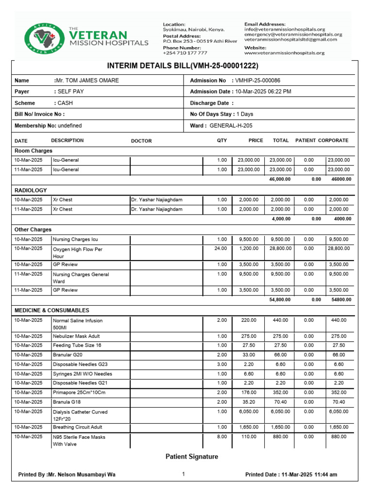 Interim Medical Bill for Mr. Tom James Omare | PDF | Medicine ...