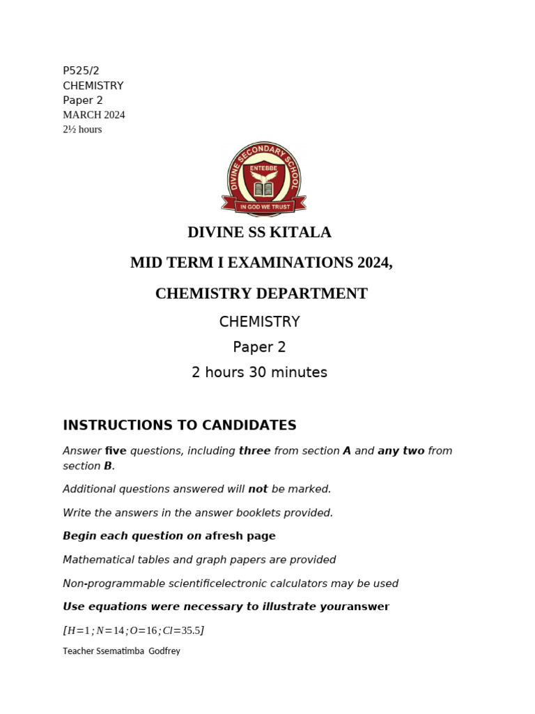 Chemistry Mid Term Exam Paper 2024 | PDF | Acid | Chemical Reactions