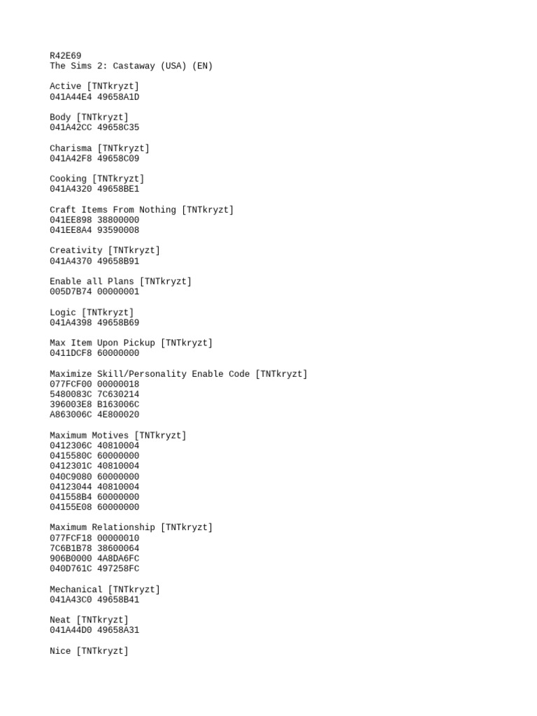 Sims 2 Castaway Cheat Codes PDF