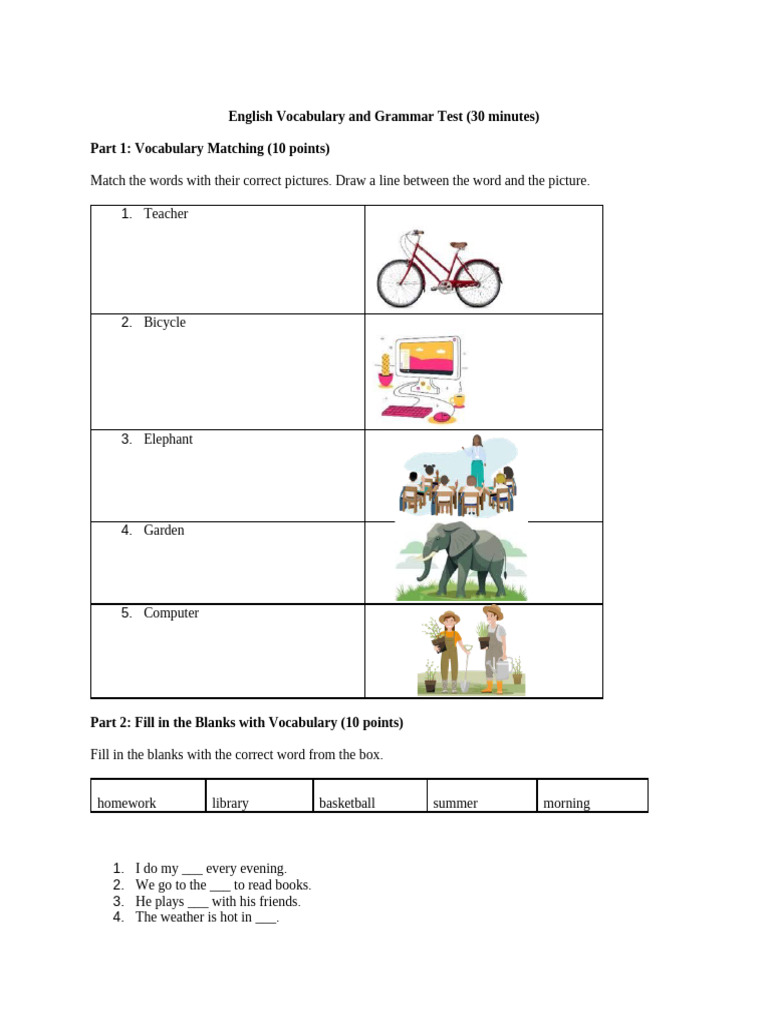 English Vocabulary And Grammar Test Pdf