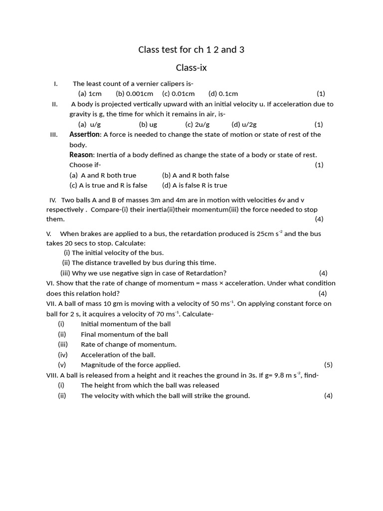 Science Test: Key Questions for IX | PDF | Force | Velocity