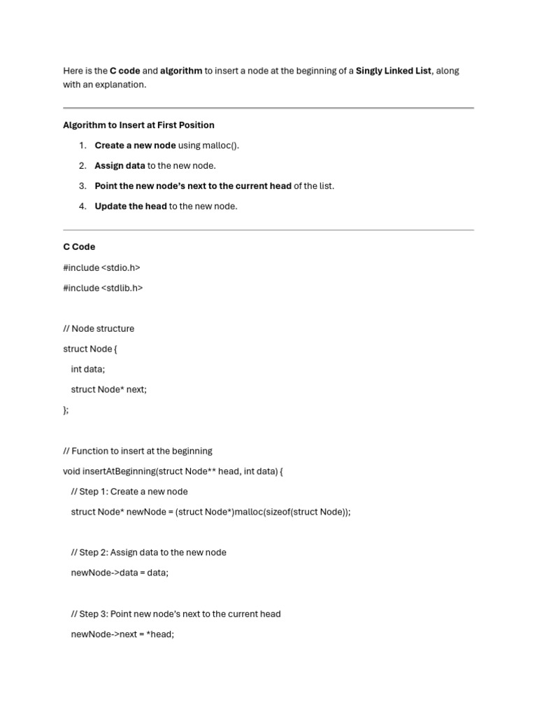 Insert Node at Beginning of Linked List | PDF