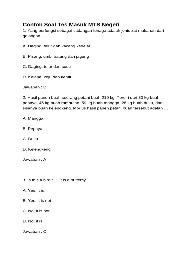 Contoh Soal Tes Masuk MTS 2025 | PDF
