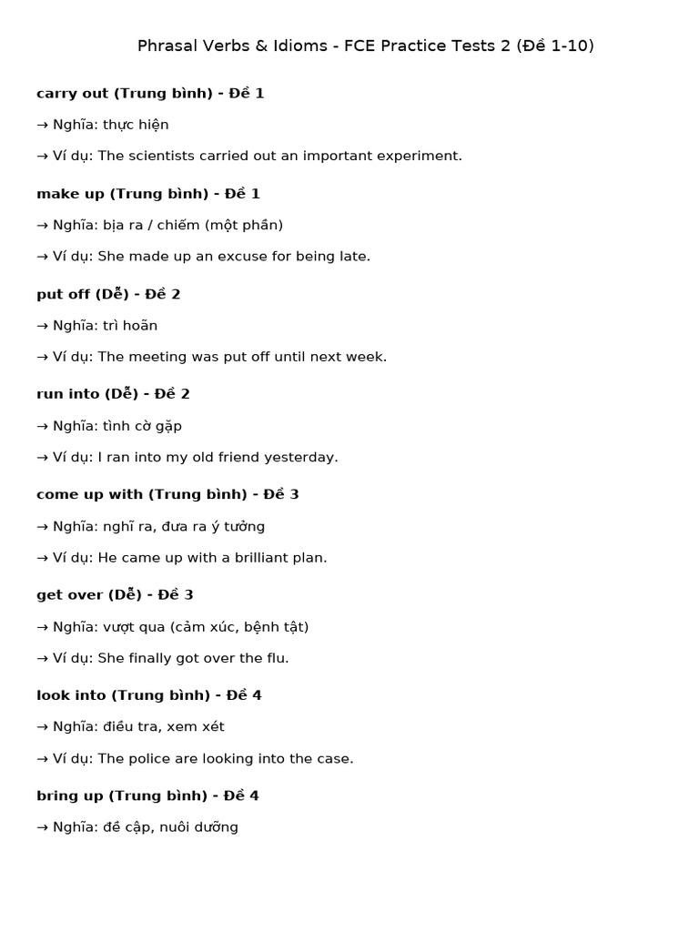 Phrasal Verbs FCE Tests 1 10 | PDF