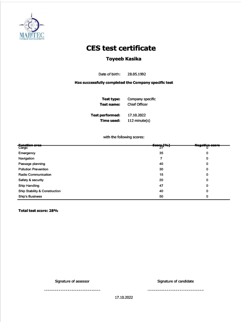 CES Test Certificate for Chief Officer | PDF | Shipping | Transport
