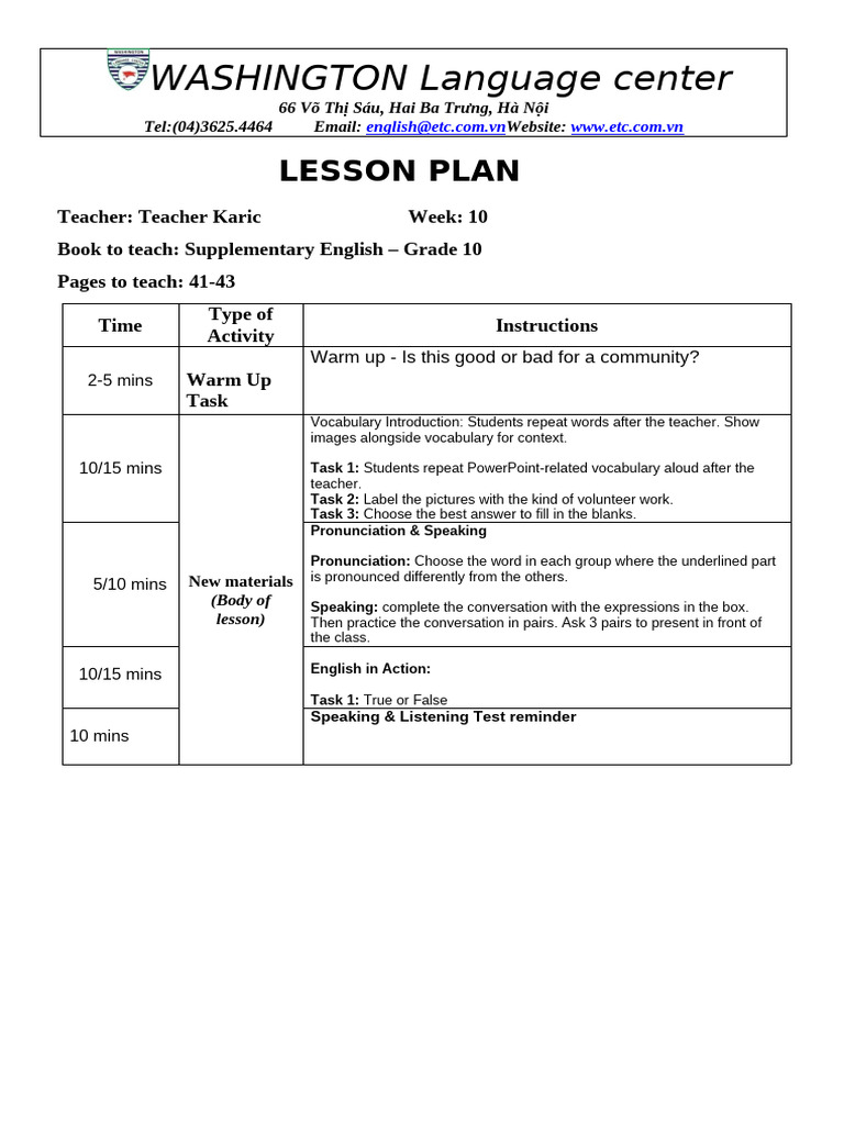 MẪU - Unit 4 Lesson 2 - Grade 10 - Lesson Plan | PDF