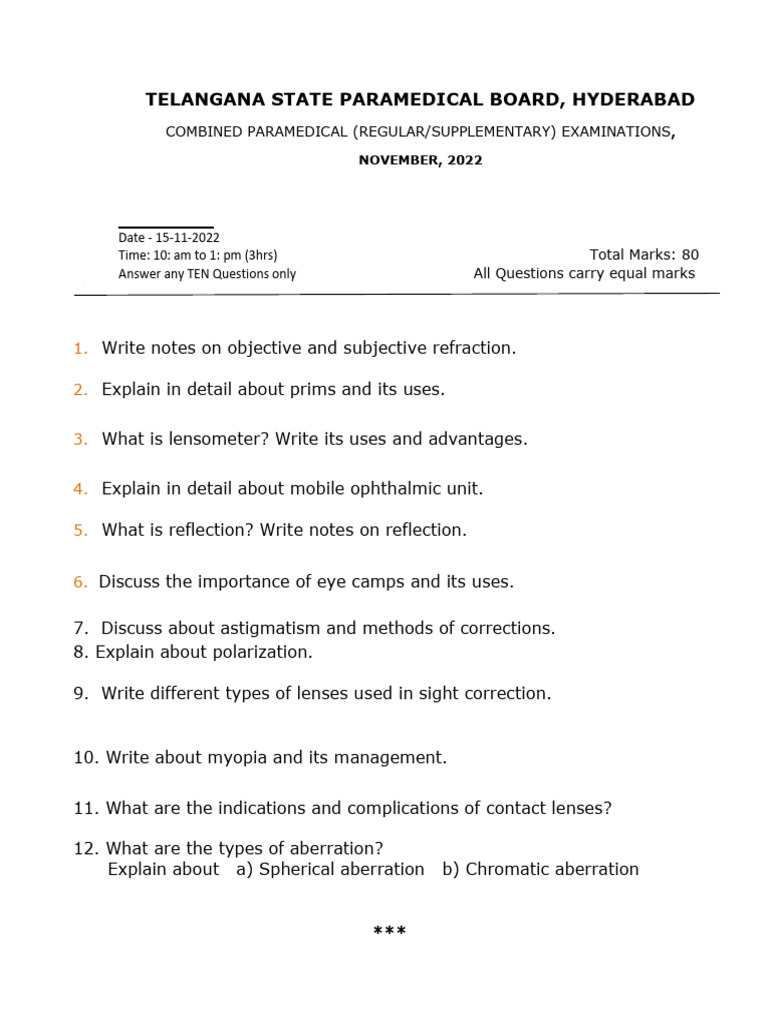 DOA Exam Paper III: Optics & Refraction | PDF