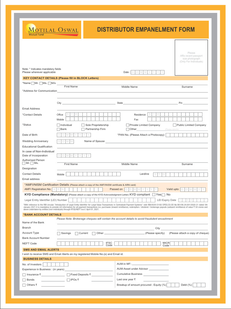 Motilal Oswal Distributor Empanelment Form | PDF | Banks | Mutual Funds