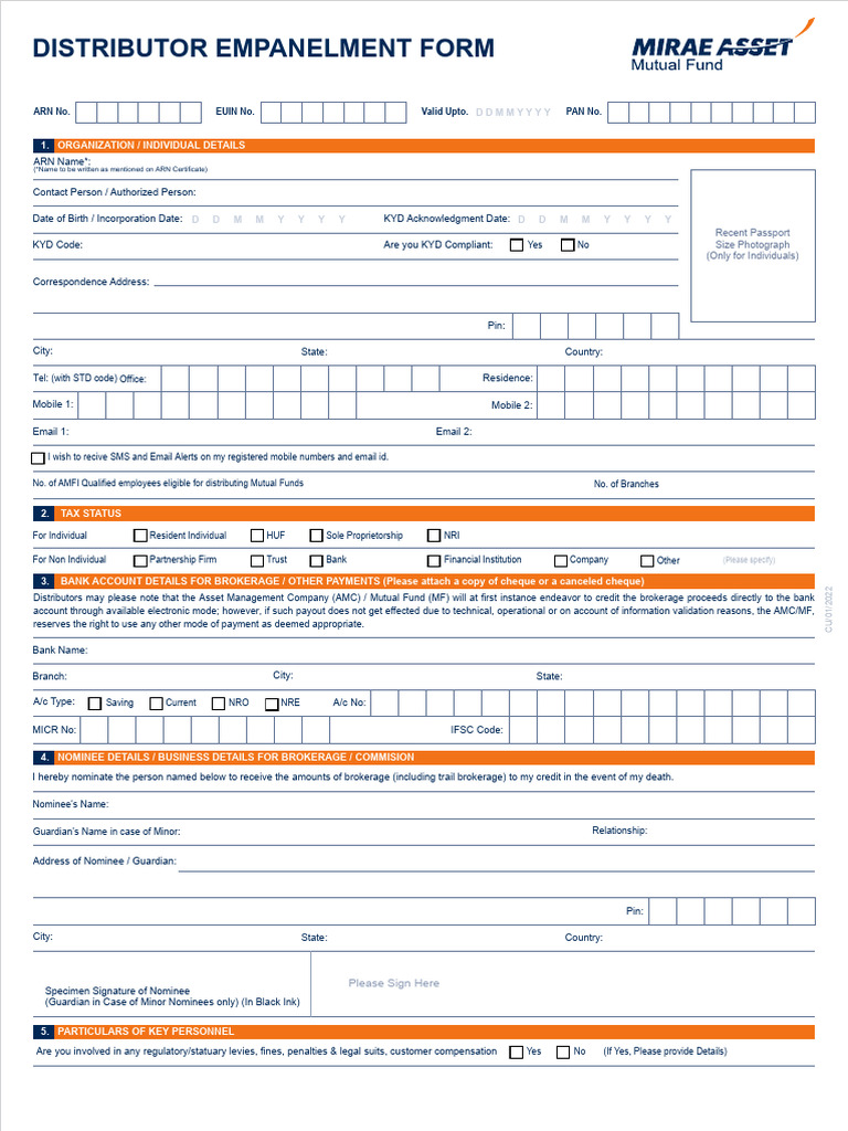 Mirae Asset Distributor Empanelment Form | PDF | Indemnity | Mutual Funds