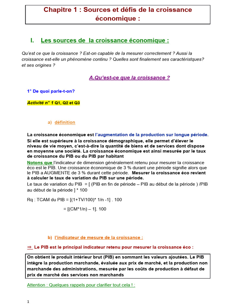 Chapitre 1 Sources Et Défis de La Croissance Éco | PDF | Produit ...