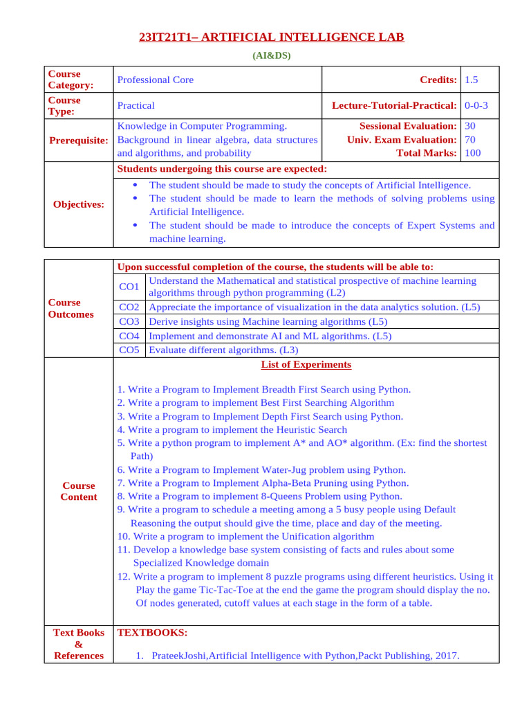 AI Lab Course Syllabus with Python | PDF | Artificial Intelligence ...